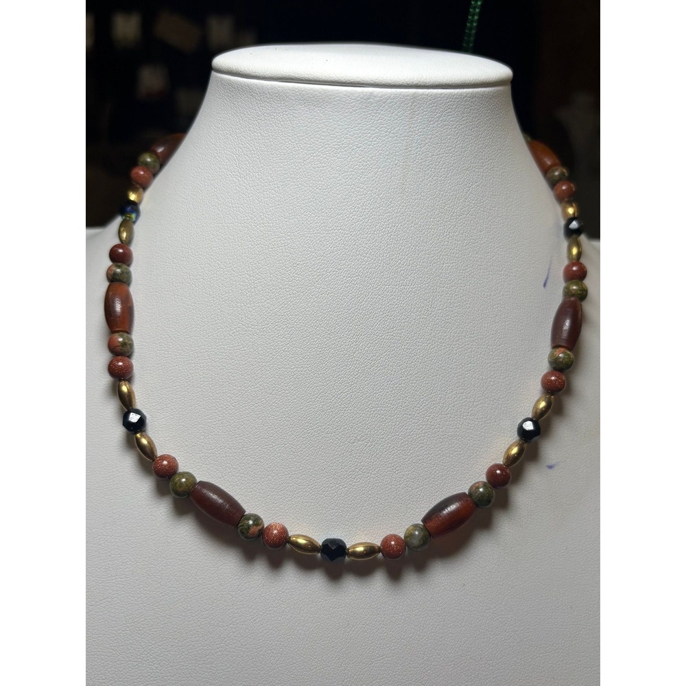 #80. Beaded Olive Green Metallic Gold-tone Necklace